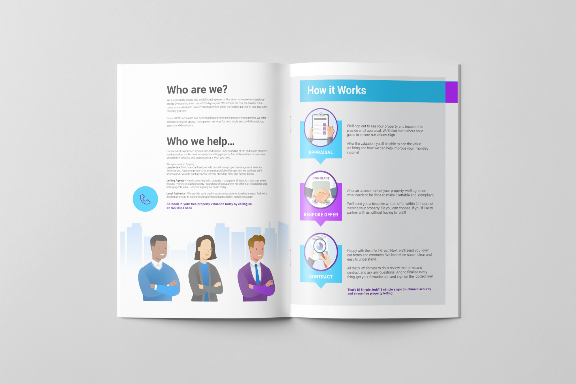 An open brochure showcasing clean art, well-formatted text, and simple yet effective design principles