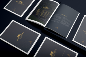 A luxury, professional real estate brochure using a black and gold colour scheme