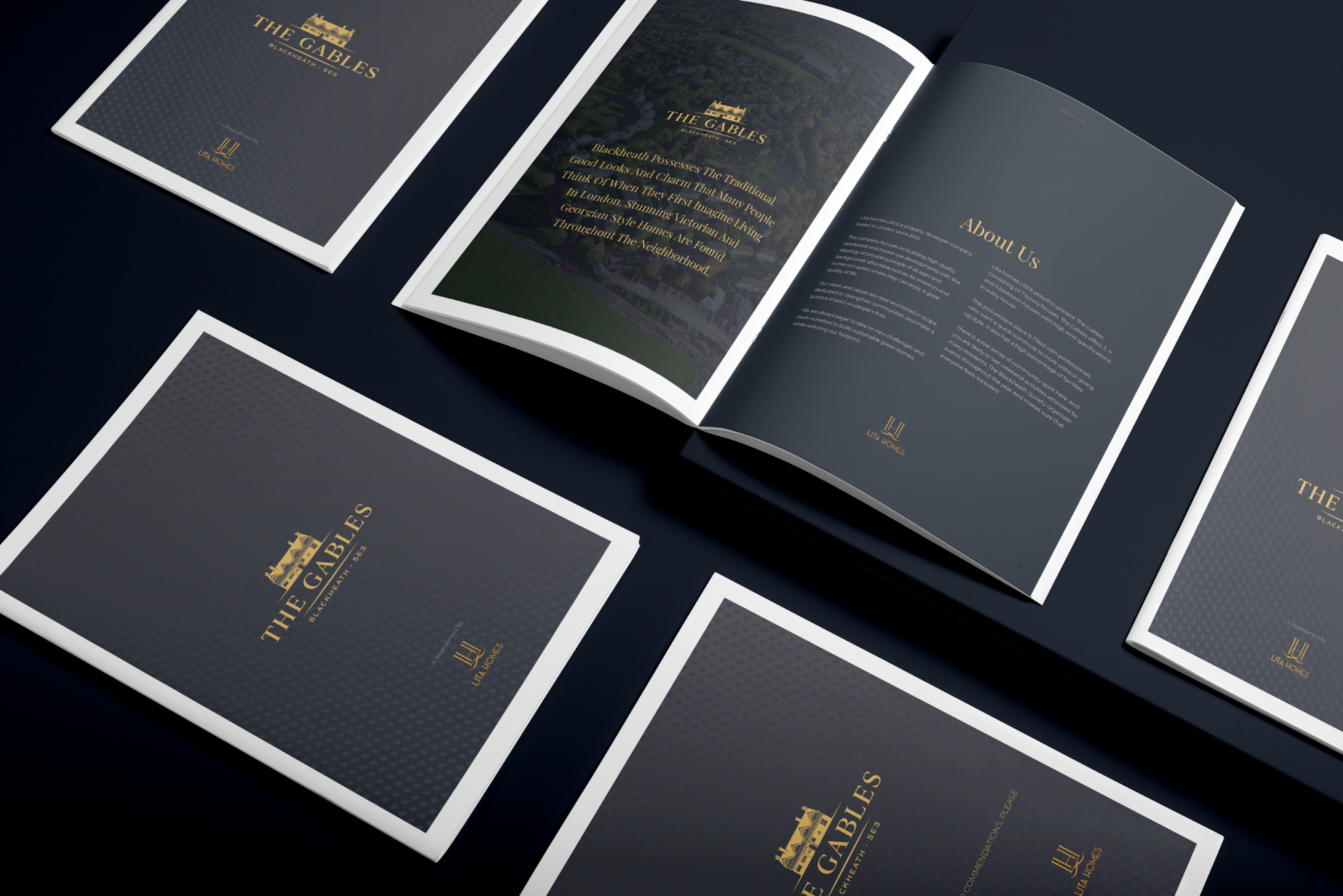 A luxury, professional real estate brochure using a black and gold colour scheme