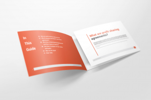 An open profit sharing agreement brochure highlighting a simple, orange contents page