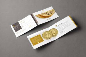 Two open brochures on a grey background displaying coins and related financial information