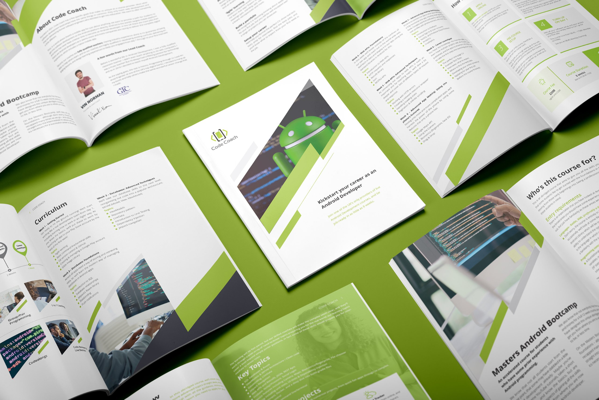 A gallery of internal brochure design pages of a Android Developer guide