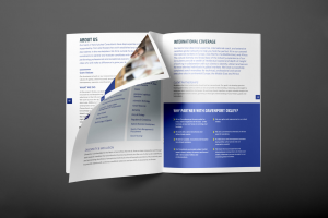 An open consultancy brochure turning a page, giving examples of formatted text and colour blocking