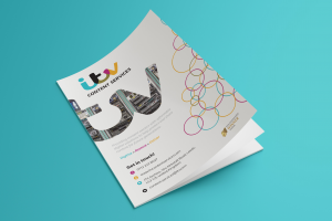 An ITV content services brochure with the pages fanning open from the cover